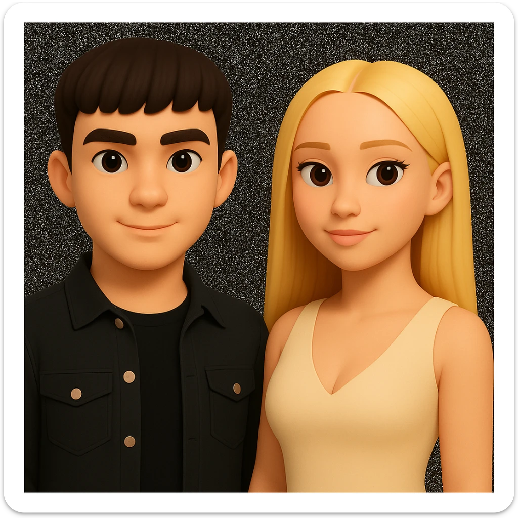 Slightly increase the volume of the upper body of the girl, significantly spread them apart from each other, make the skin color the same for both characters, while preserving the cartoonish 3D style as in the reference image. sticker