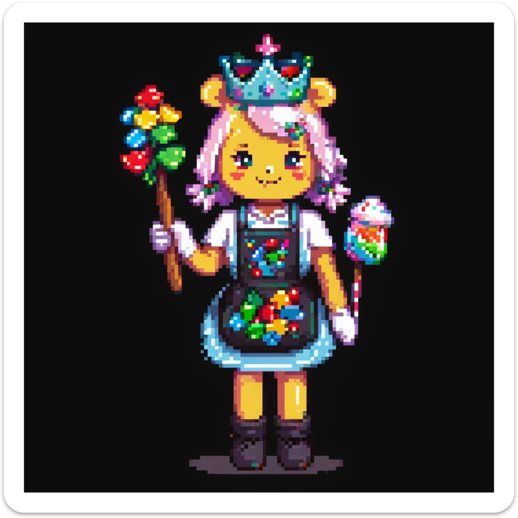 A playful baker in a pastel-pink candy lab. Walls of bubblegum bricks, frosting-covered counters, and a cupcake-shaped oven. The baker wears a gummy bear-studded apron, marshmallow gloves, and a rock candy crown. UI elements look like melting lollipops, candy cane sliders, and syrupy transitions. sticker