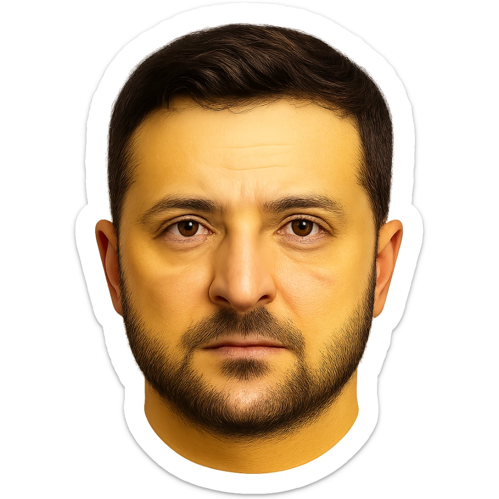 emoji-style portrait of Vladimir Zelensky with a yellow round face, very recognizable and detailed facial features, realistic eyes, hair, and beard, high quality sticker