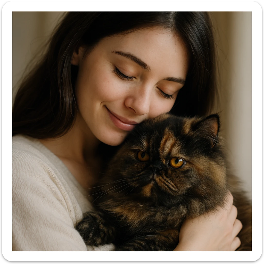 brunette girl cuddling a tortoiseshell Persian cat, gentle and sweet moment sticker