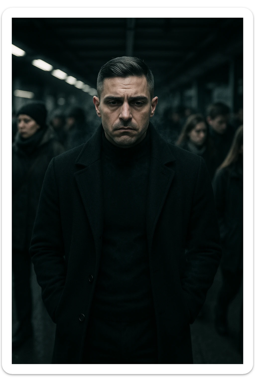 A cinematic shot of a man in his early 30s standing still in the middle of a crowded urban environment — perhaps a subway platform or office hallway — surrounded by blurred, cold-looking people facing away from him or speaking among themselves, ignoring him completely. The man has a heavy, emotionally drained expression, shoulders slightly slouched, hands in his coat pockets. He stands out in sharp focus while the others are dimly lit, grey-toned, and in motion blur. The lighting is harsh and cool, with strong shadows and low saturation to emphasize emotional isolation. A subtle dark aura or mist lingers around the man’s body, visually conveying the weight of negativity and emotional pressure. Shot in 35mm cinematic style, high realism, with a desaturated color palette and shallow depth of field sticker