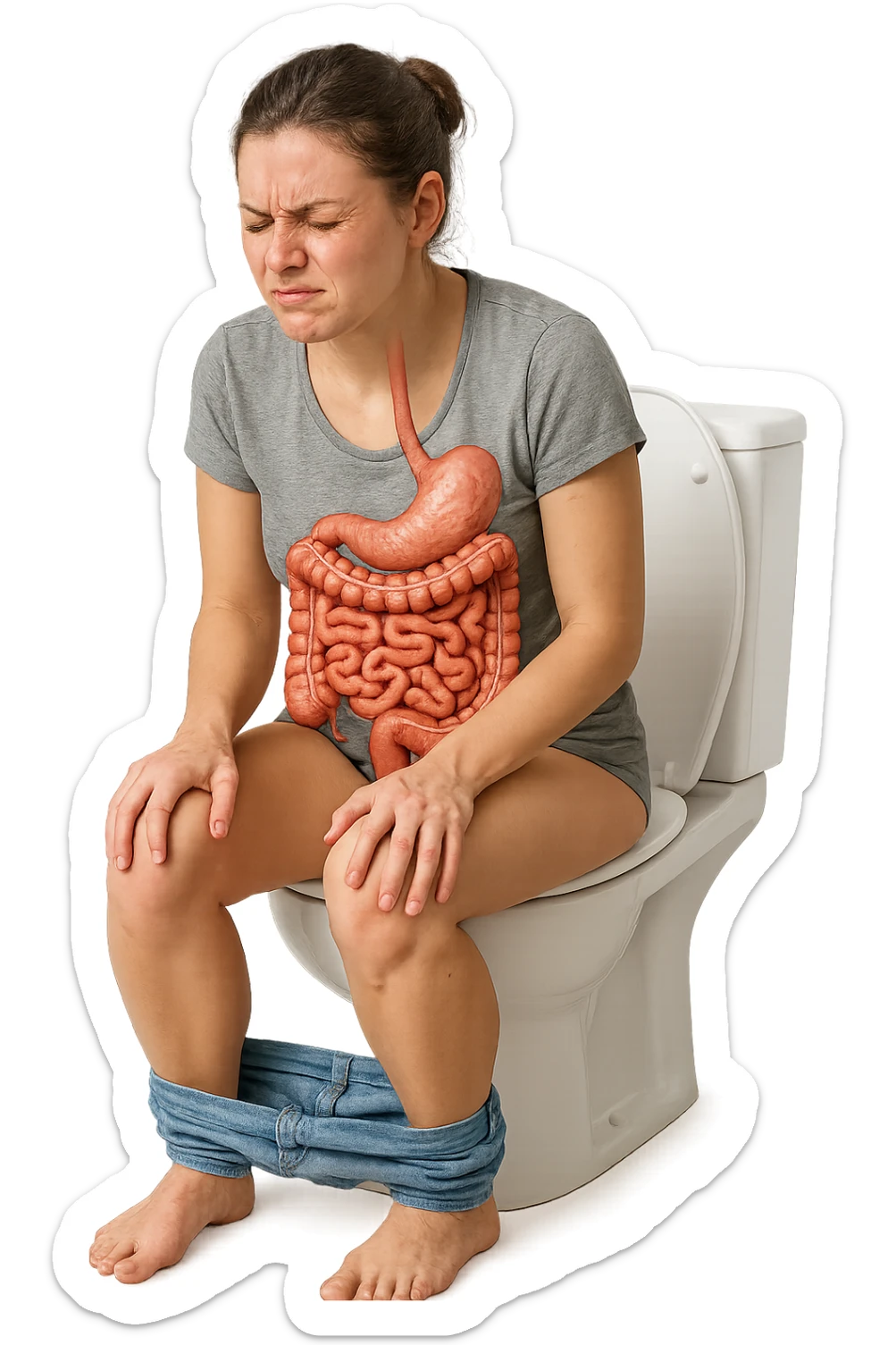 donna che si sforza per andare in bagno, seduta sul wc con intestino umano anatomico realistico in evidenza, sfondo bianco, iperrealistico 4k sticker