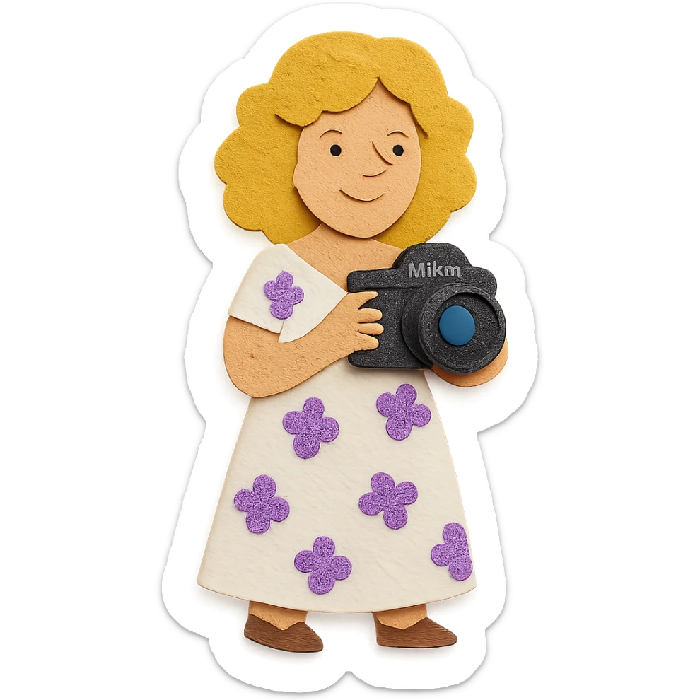 señora rubia de rulos de 50 años con cámara Nikon y vestido largo blanco con flores lilas, estilo paper-craft sticker