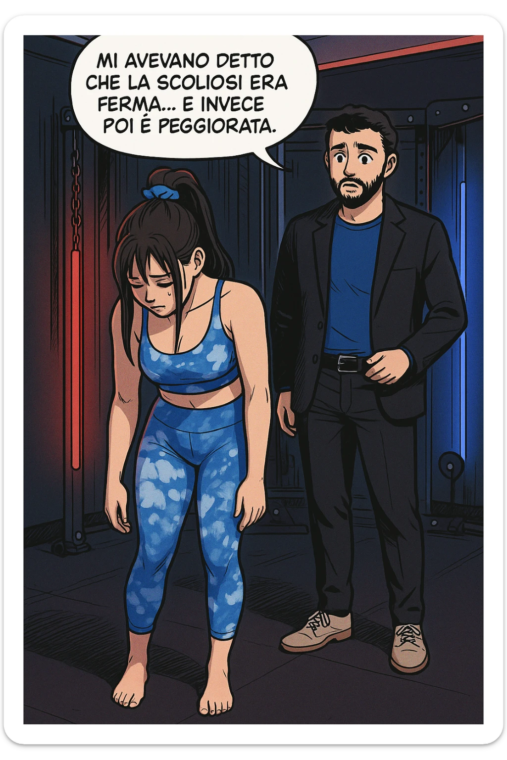 fai questa immagine in versione fumetto/manga/webtoon a colori, il manga mostra la donna disperata con un fumetto sulla testa che dice:
Mi avevano detto che la scoliosi era ferma… e invece poi è peggiorata.
 sticker