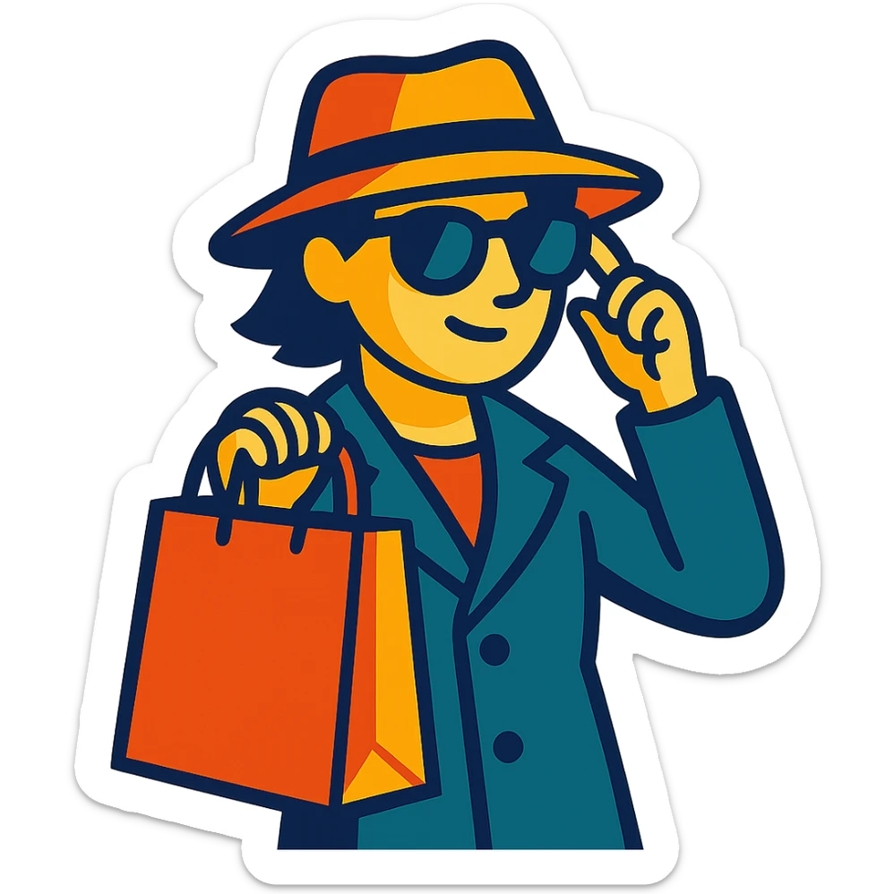 mystery shopper character holding a shopping bag, wearing sunglasses and a hat, vibrant toon style sticker