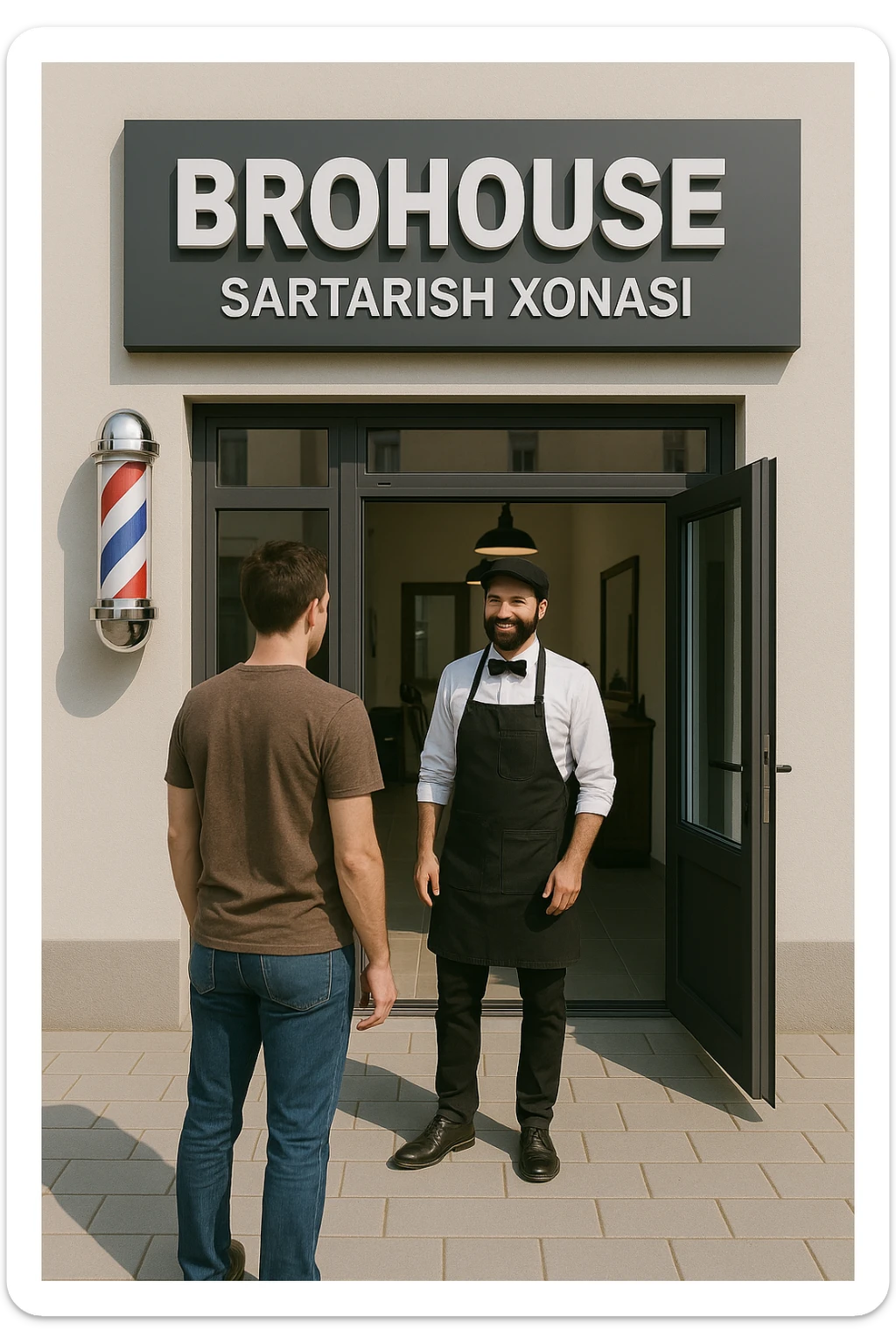 eni shu rasimga boyagi sartaosh oka eshik oldida tursin va tashqarida esa mijoz sticker