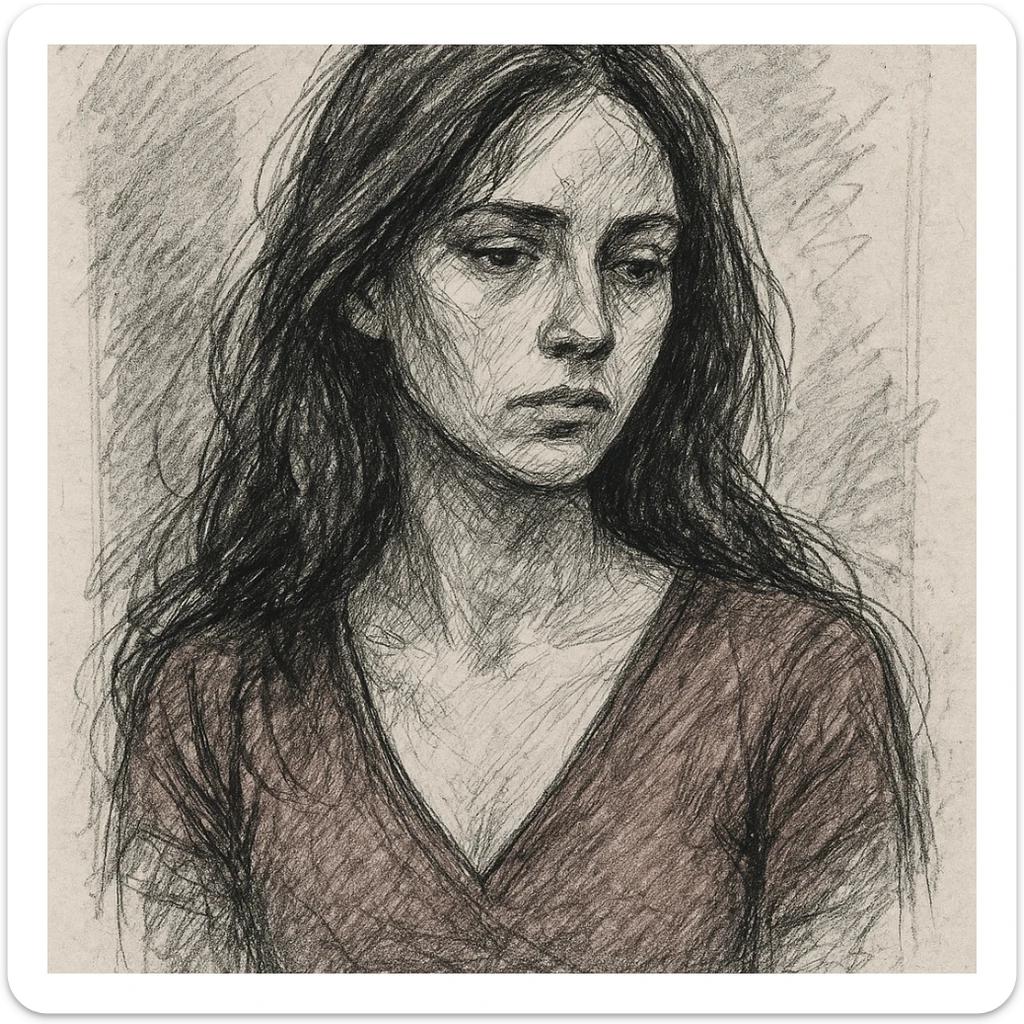 a woman with long chocolate brown hair wearing a red v-neck top, hand-drawn sketch style sticker