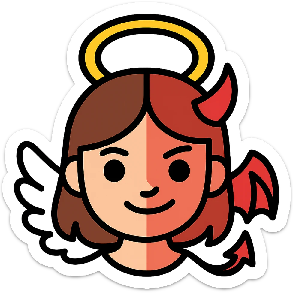 Edit this image to depict a brown-haired girl with one angelic side (halo, serene expression) and one devilish side (horn, mischievous grin). Remove the background. sticker