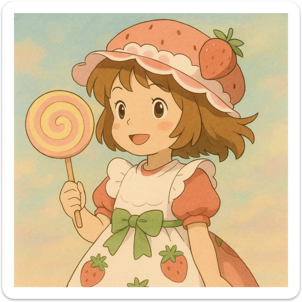 little girl in a strawberry shortcake dress, holding a candy wand, pastel background, ghibli style sticker