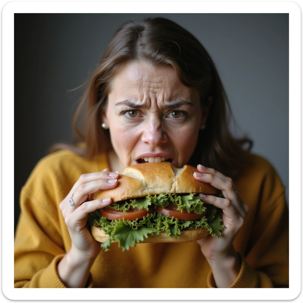 hyperrealistic image of a woman with a nervous and impatient expression trying to eat a huge sandwich, concept of uncontrollable and nervous hunger, white background, variation 2 sticker