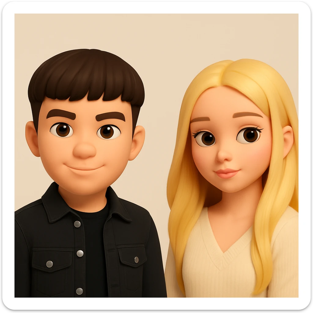 Place these two images farther apart on one canvas, as two separate 3d-emoji style characters, do not change the images, just put them together with more space between them on a neutral background sticker