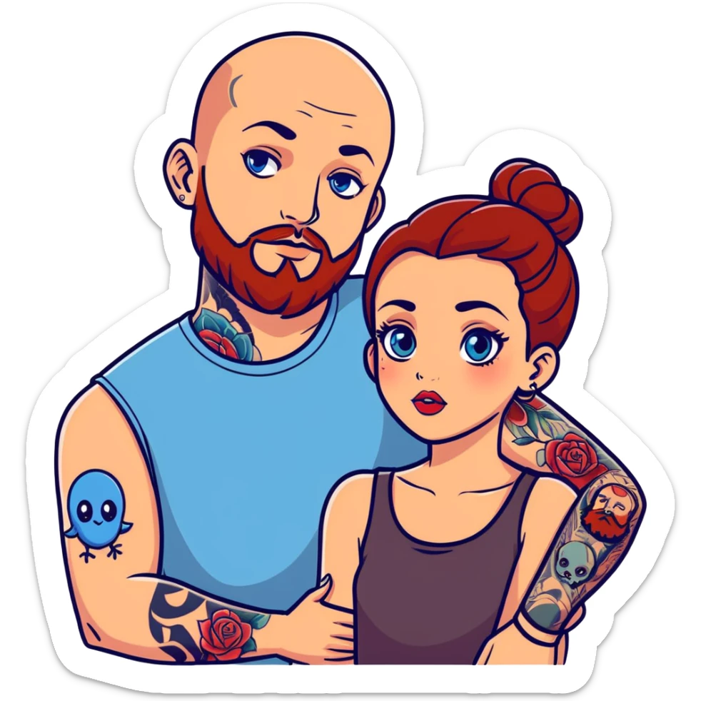 Pretty brunette girl with big eyes and big lips and a bald man with a red beard and blue eyes and one sleeve of tattoos on the man sticker