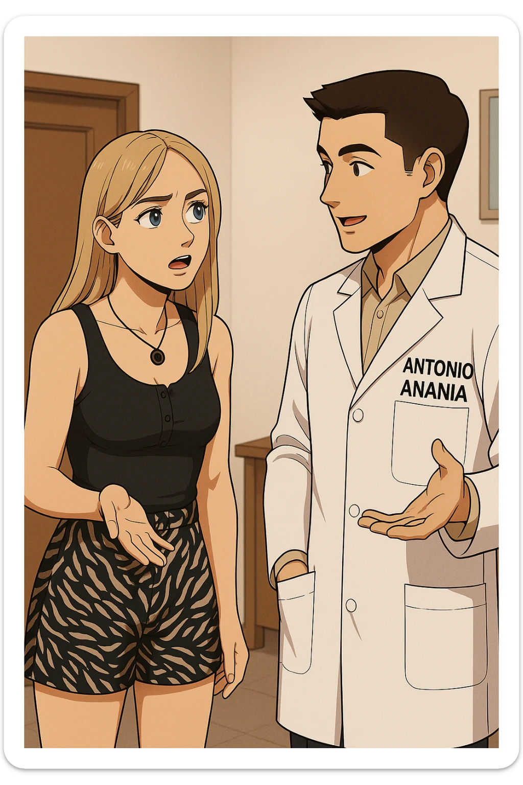 fai un webtoon/manga a colori con questo kinesiologo in camice bianco (fagli la scritta "ANTONIO ANANIA" SUL CAMICE) CHE PARLA CON QUESTA RAGAZZA CON GLI OCCHI AZZURRI. la ragazza gli fa una domanda e IL KINESIOLOGO CON IL CAMICE BIANCO LE risponde. NON FARE I FUMETTI, FAI SOLO LORO COME SE DIALOGASSERO sticker