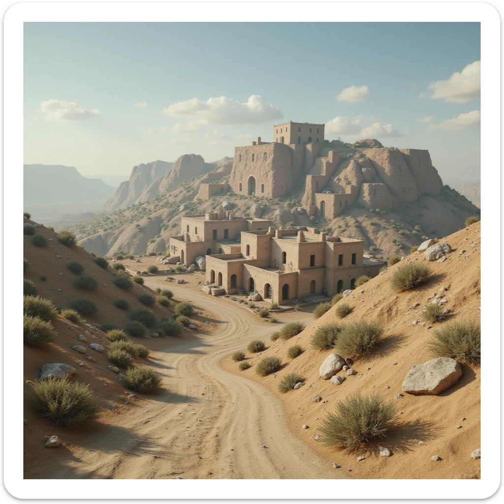 A small hilltop mesa city in the videogame dayz, screenshoot  sticker