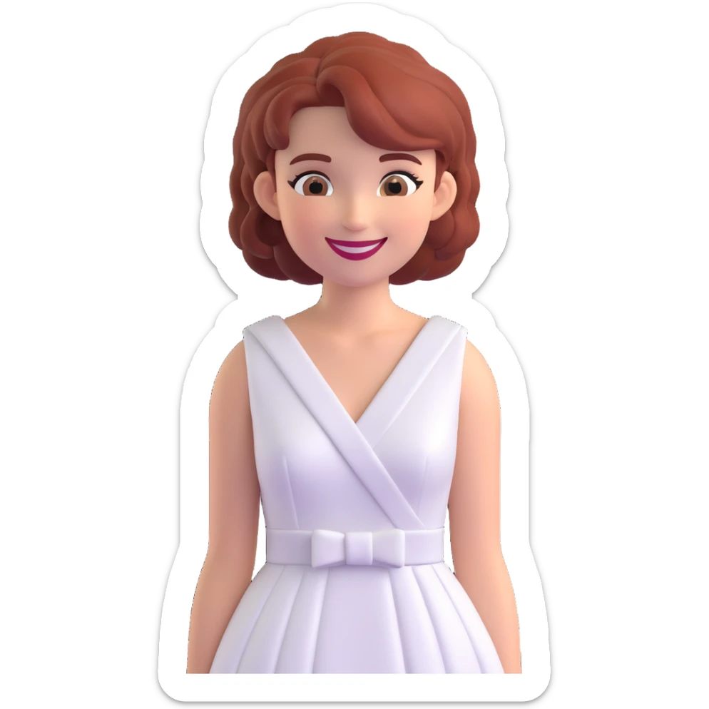 emoji style portrait of a woman with matching hairstyle, facial features, and white dress, smiling, simple or transparent background sticker