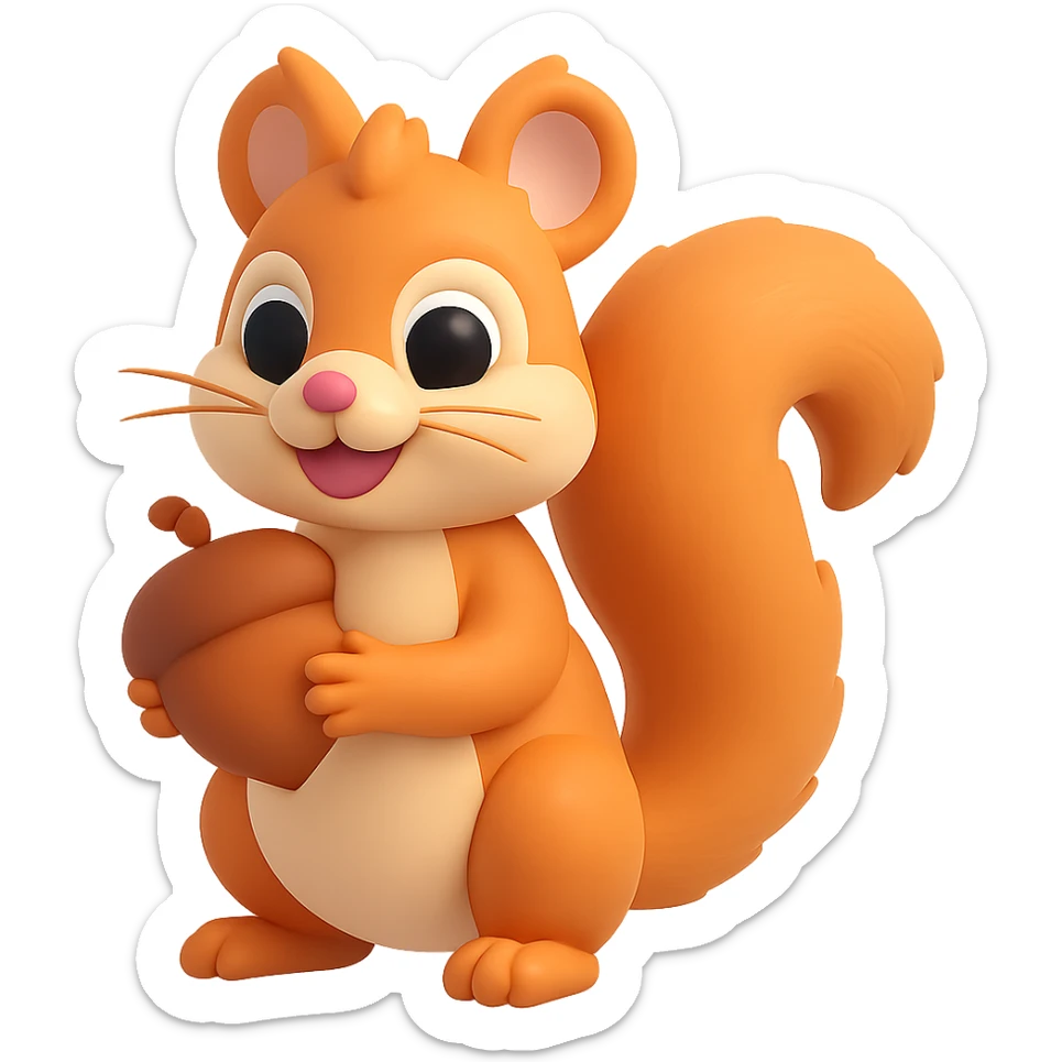 A baby squirrel holding an acorn in 3D emoji style with transparent background. Please maintain the Microsoft style 3D fluent emoji look. sticker