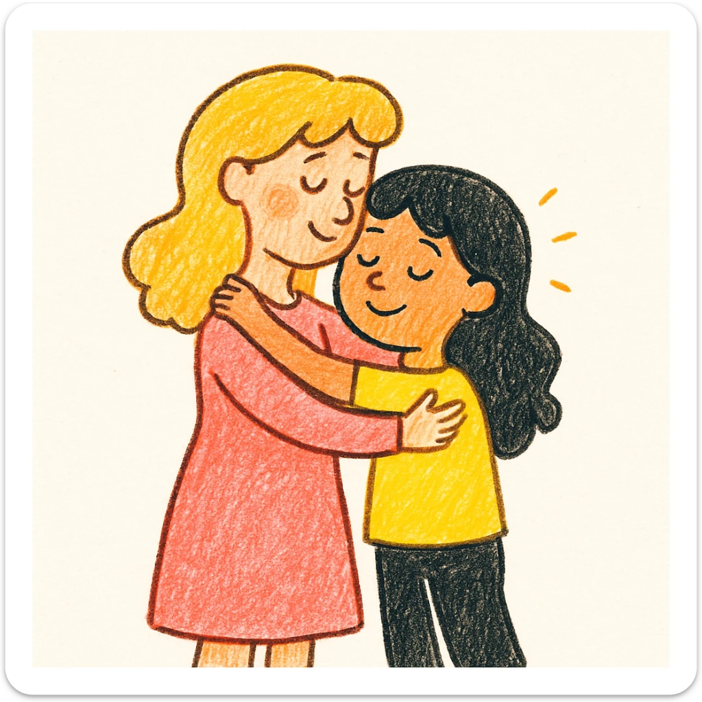 Change colors: girl with black hair and yellow t-shirt, mother with blonde hair and pink dress, in doodle style. sticker