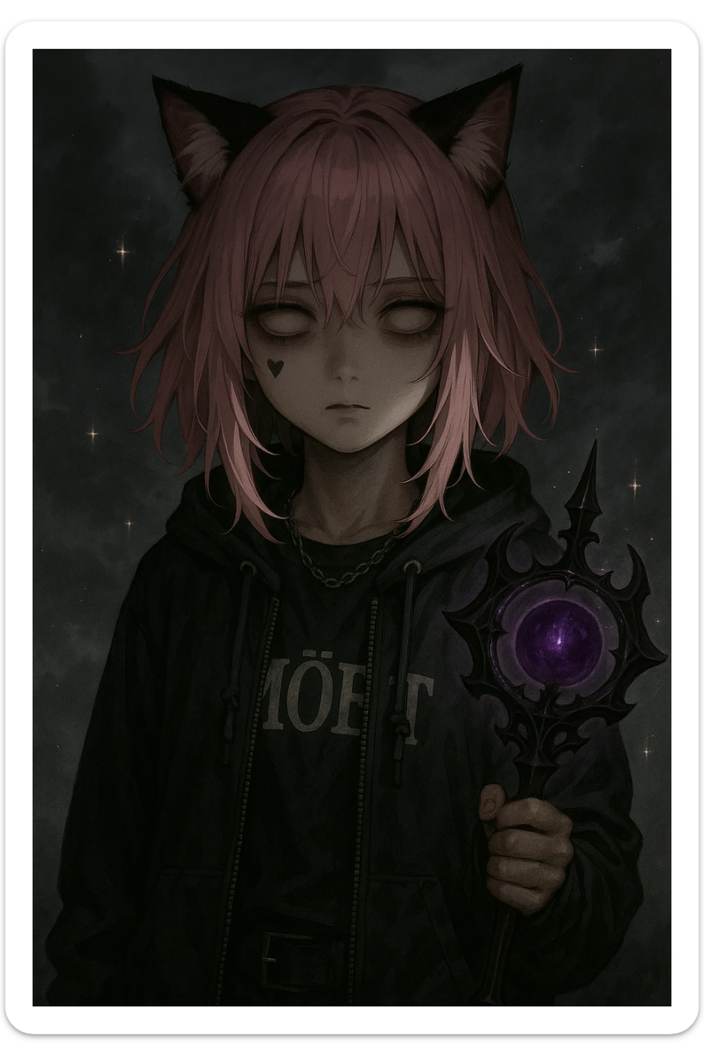 realistic anime catgirl with pink hair, emo streetwear, heart tattoo under left eye, dark magical accessory, sparkles, stormy background, subtle unsettling horror vibe with blank stare, shadowy underlighting sticker