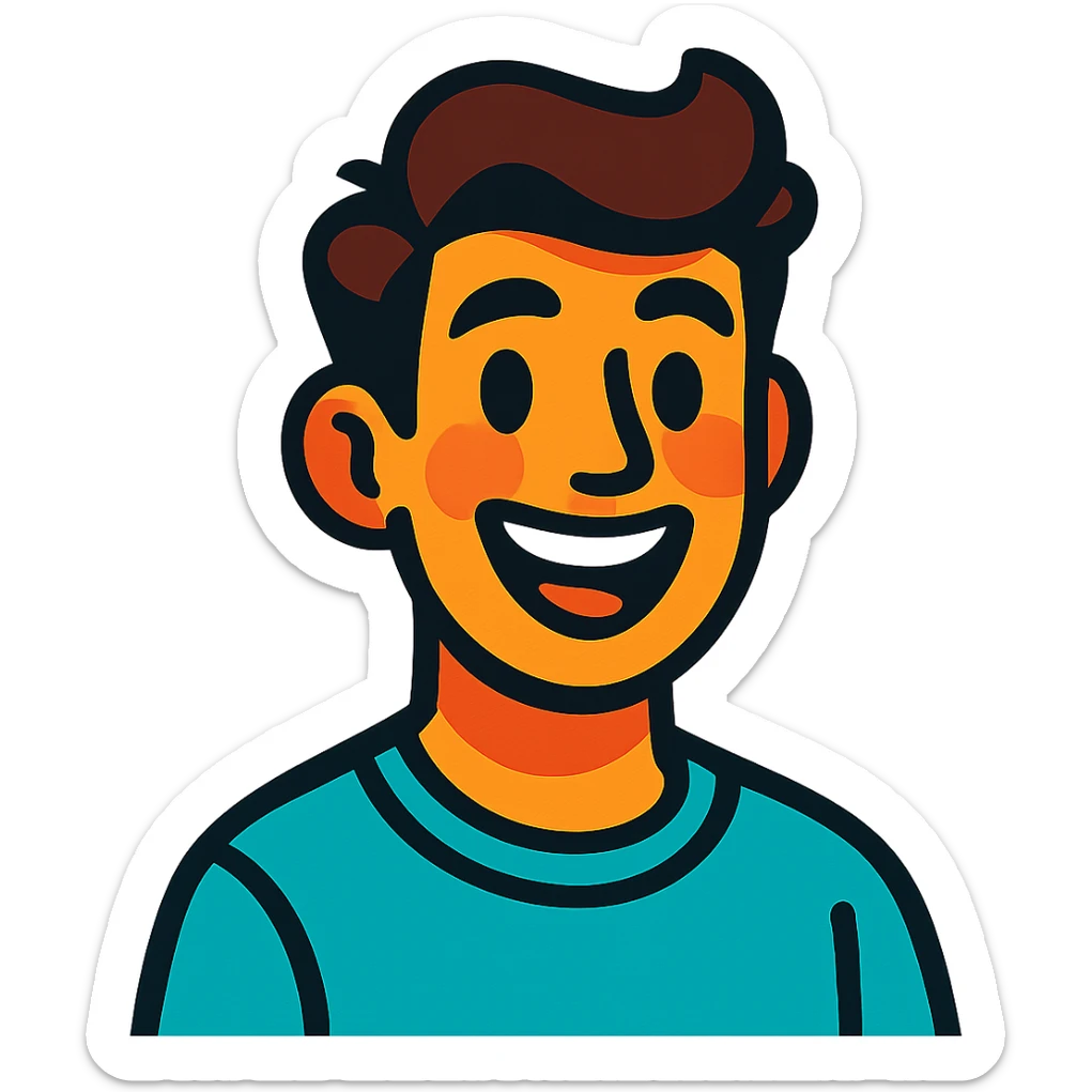 portrait of a happy young man, smiling, cheerful expression in vibrant toon style sticker