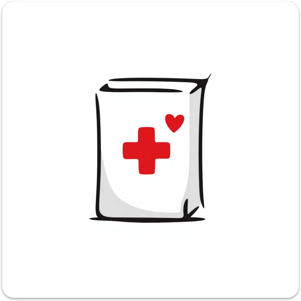 Hand-drawn intimate health clinic packet with red cross and small heart icon, sealed medical packet sticker