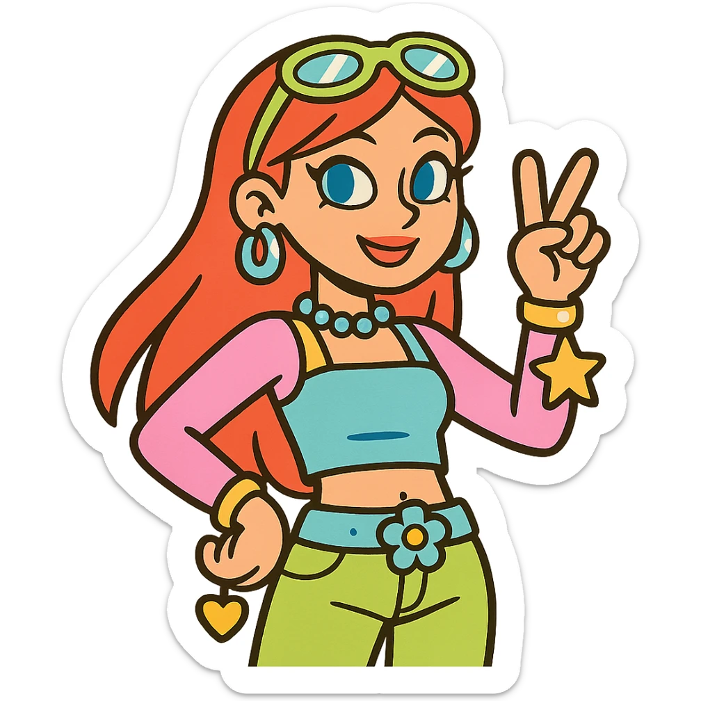 Y2K style girl with red hair, shiny accessories, pastel colors sticker