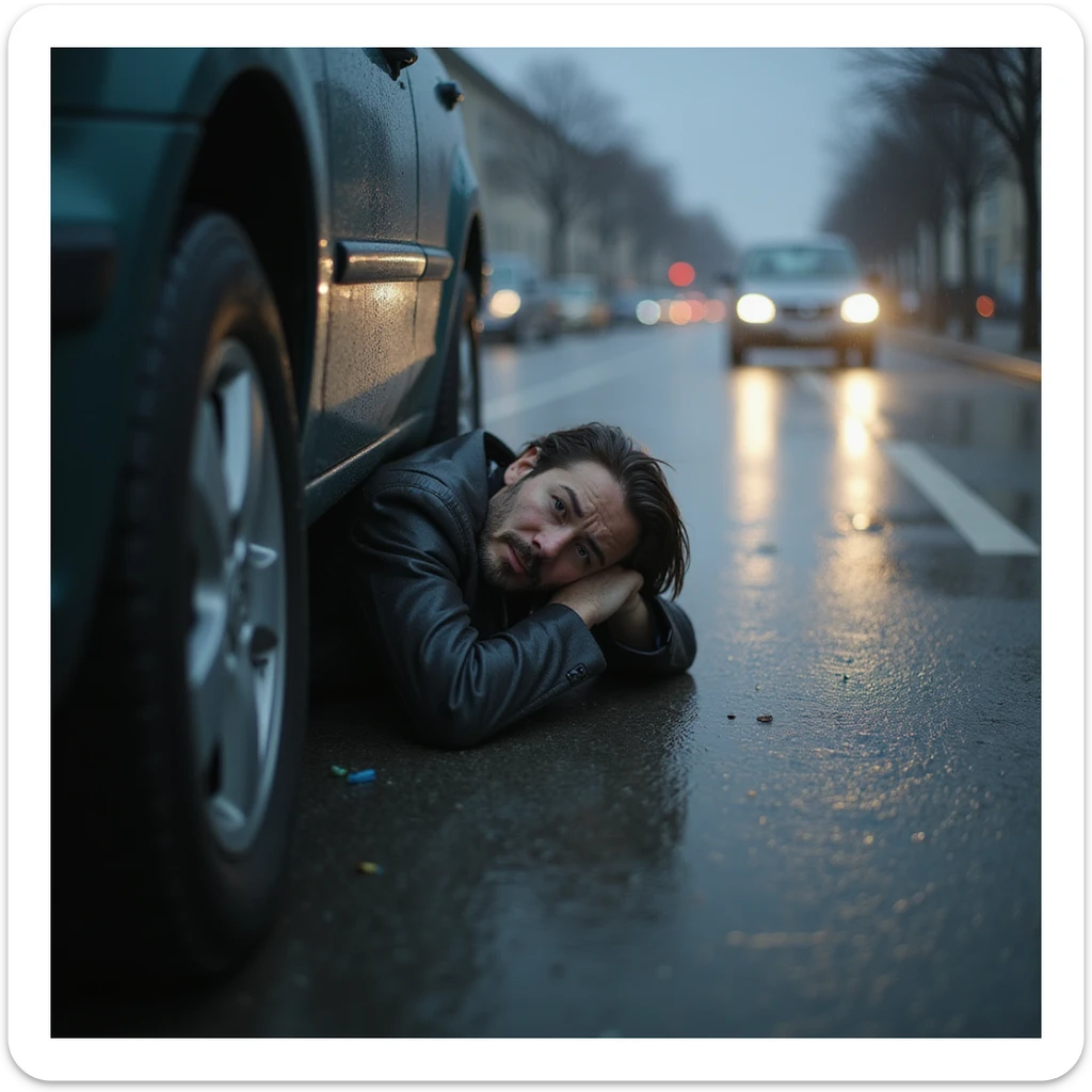 persona che cerca di riparare un’auto in panne sotto la pioggia, viso frustrato e bagnato, ambiente stradale, dettagli iperrealistici 4K sticker