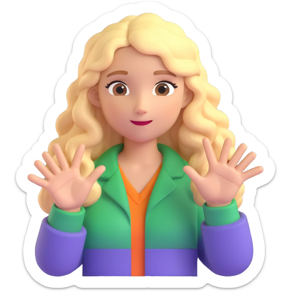 cartoon blonde girl with long curly hair, palm facing forward in a stop gesture sticker