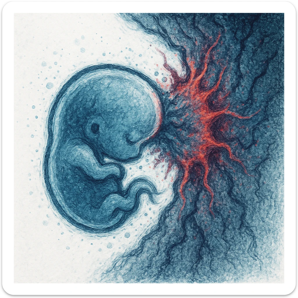 close-up of stylized embryo trying to adhere to rough or hostile uterine wall, visual elements suggesting inflammation or resistance, cold colors, white background sticker