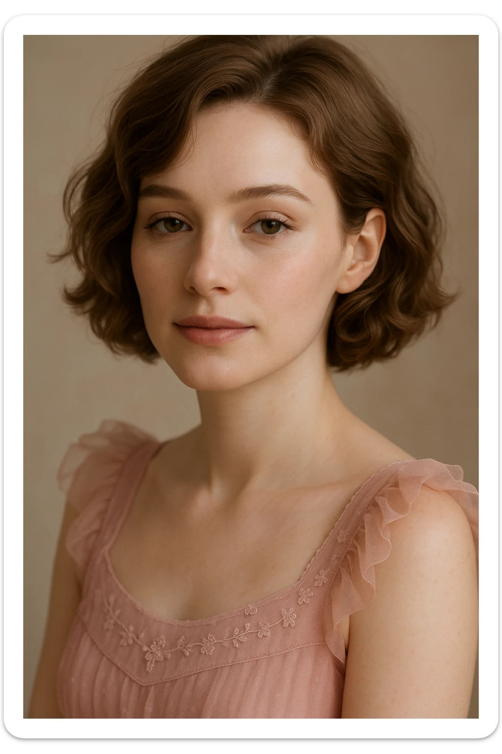 close-up portrait of a woman with white skin, short wavy light brown hair, light makeup, wearing a pink dress with delicate details, soft and graceful expression sticker
