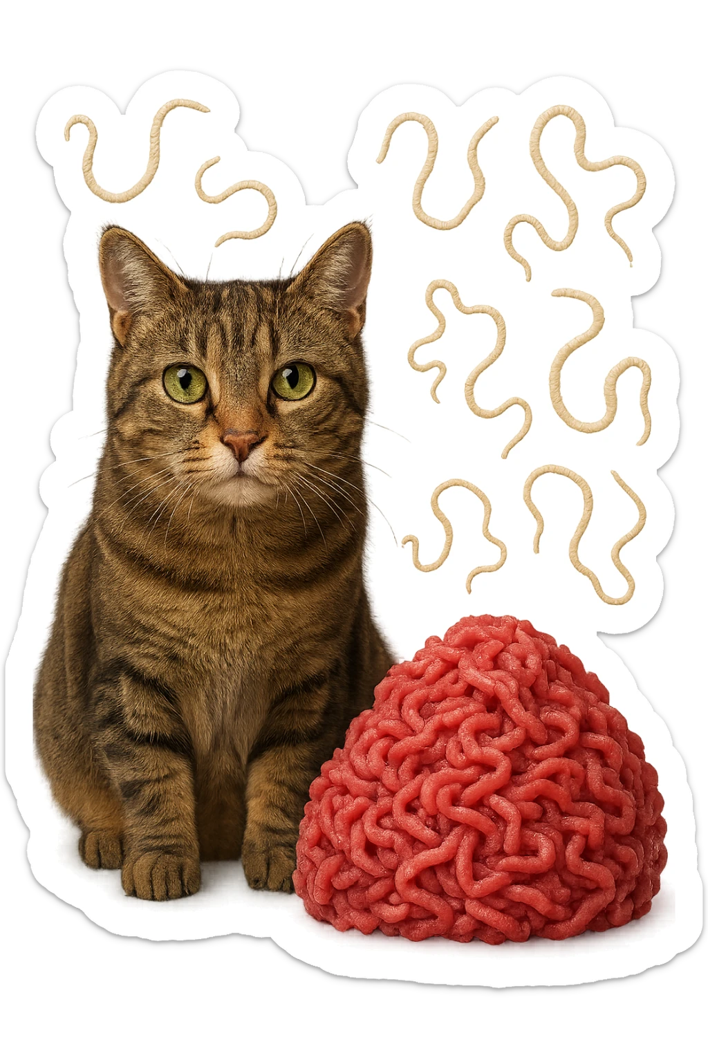 gatto stupendo e macinato di carne poco cotta a montagnetta stanno l'uno accanto all'altro con dei parassiti come la tenia che gli fluttuano intorno, iperrealistica 4k sticker