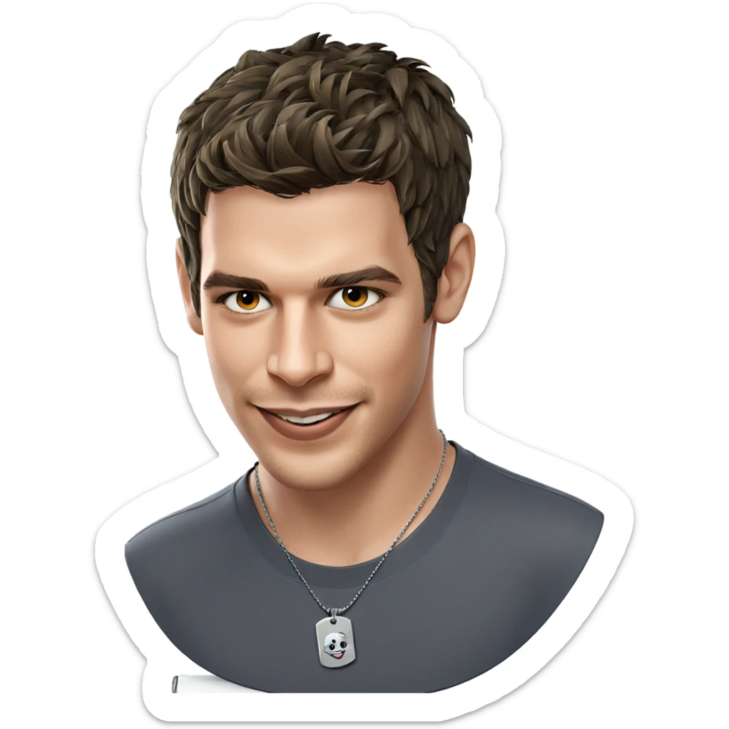 smiling boy with dog tags sticker