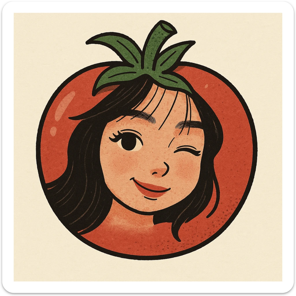 Ghép khuôn mặt trong ảnh này vào một trái cà chua, giữ nét dễ thương và tự nhiên, nền đơn giản, phong cách hoạt hình. sticker