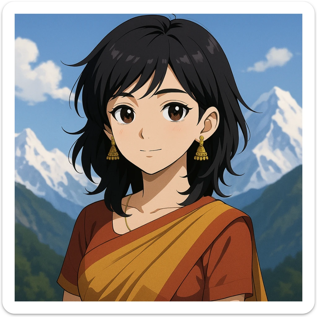 anime style Indian girl, black layered haircut, brownish-black eyes, fair complexion, traditional Indian earrings, mountain background sticker