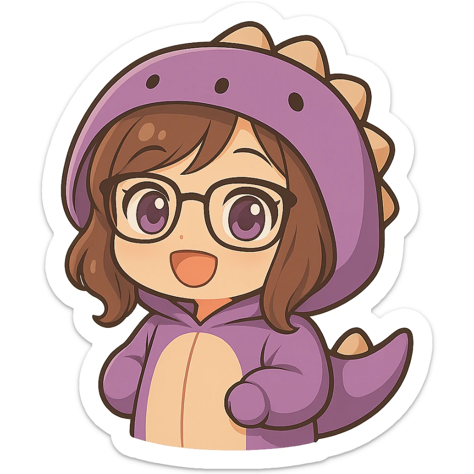 Edit the image to depict a chibi anime style girl with glasses, brown hair, and dark purple eyes, wearing a purple dinosaur costume with arms down. Keep the same chibi stickers style as the reference. Remove the background to have no background (transparent). sticker