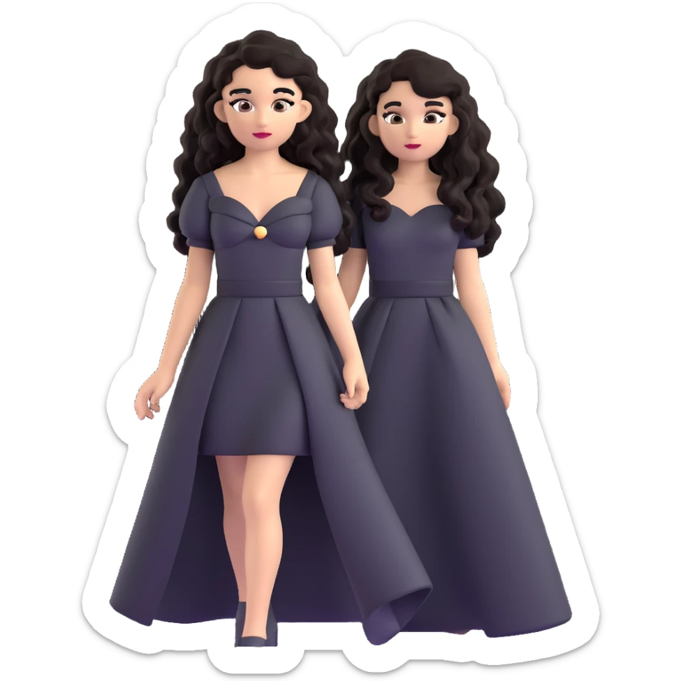light skin girl with black very long curly hair, brown eyes, black Chanel dress sticker