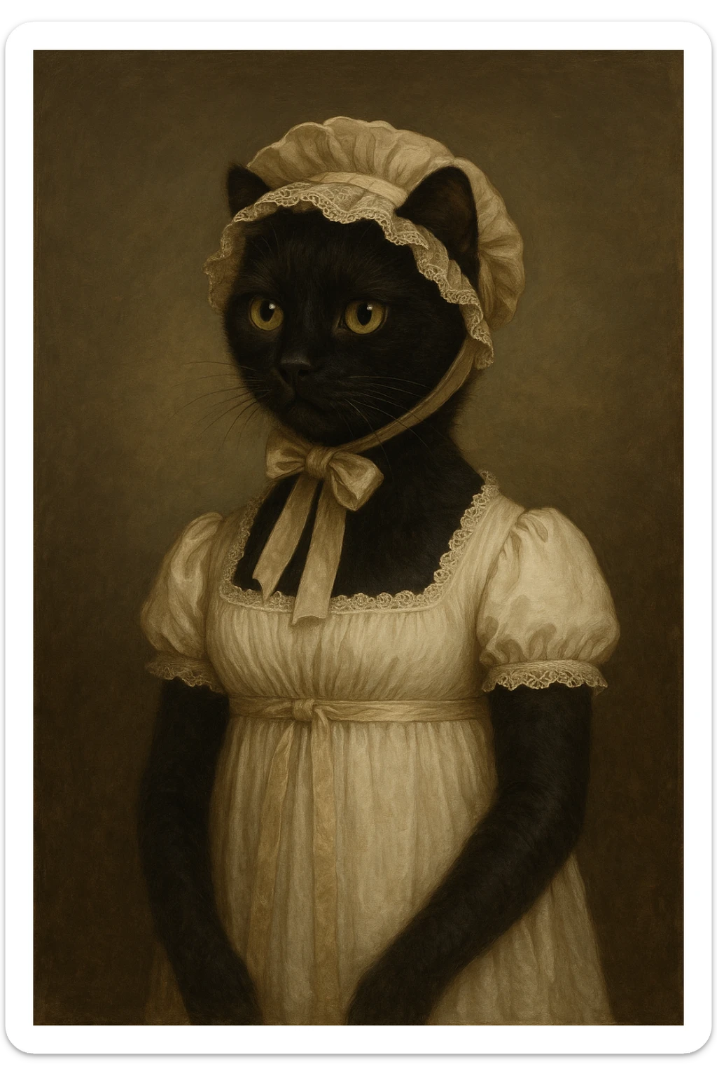 black cat in period-accurate Pride and Prejudice clothing, evoking the style of the early 1800s sticker