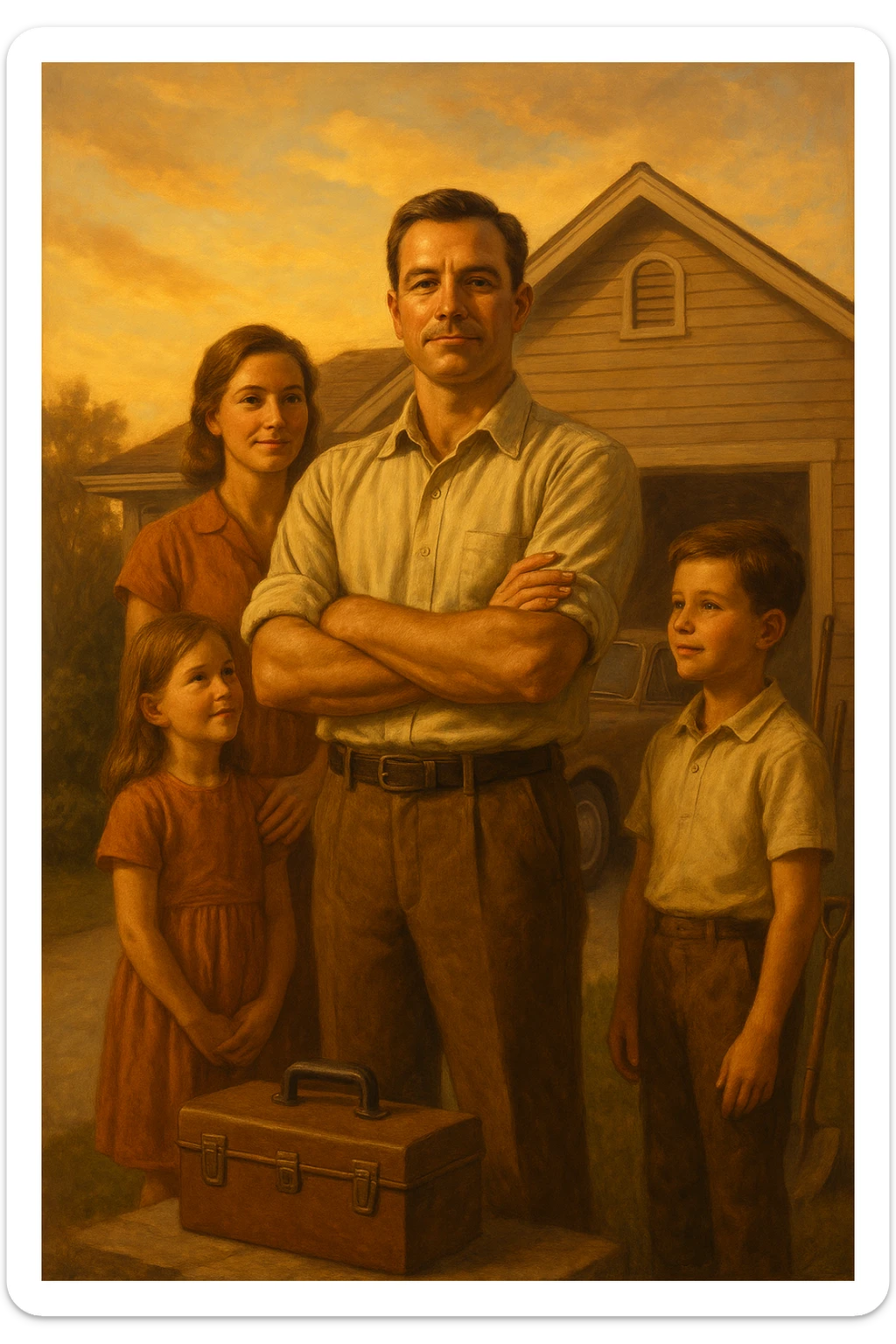 Uomo tra i 35 e i 45 anni, in piedi con postura fiera davanti alla sua casa, circondato dalla famiglia: moglie e figli lo guardano con rispetto e affetto. Indossa abiti semplici ma ordinati, simbolo di lavoro e stabilità (camicia, pantaloni, magari una cassetta degli attrezzi o una valigetta vicino). Sullo sfondo elementi che richiamano i suoi ruoli: casa ordinata, auto familiare, strumenti di lavoro, simboli di protezione e presenza. Espressione serena, forte ma accogliente. Colori caldi, luce naturale del tramonto. Stile realistico, atmosfera rassicurante e simbolica sticker