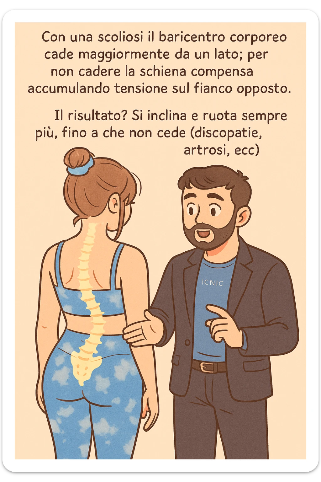 fai questa immagine in versione manga/webtoon a colori con stile di disegno carino e moderno, il manga mostra la donna di spalle, mentre l'uomo le tocca la spina dorsale per spiegarle come funziona la scoliosi:
Con una scoliosi il baricentro corporeo cade maggiormente da un lato; per non cadere la schiena compensa accumulando tensione sul fianco opposto.
Il risultato? Si inclina e ruota sempre più, fino a che non cede (discopatie, artrosi, ecc) sticker