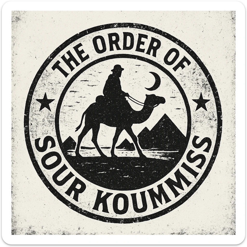 A grunge-style 90s logo for 'The Order of Sour Koumiss' with distressed edges and a mysterious travel theme, black and white sticker