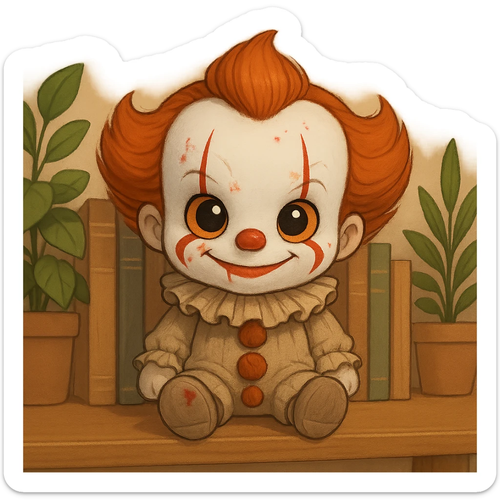 Edit this Pennywise clown to look like a toy with very little blood, cute and less scary, keep the background transparent. sticker