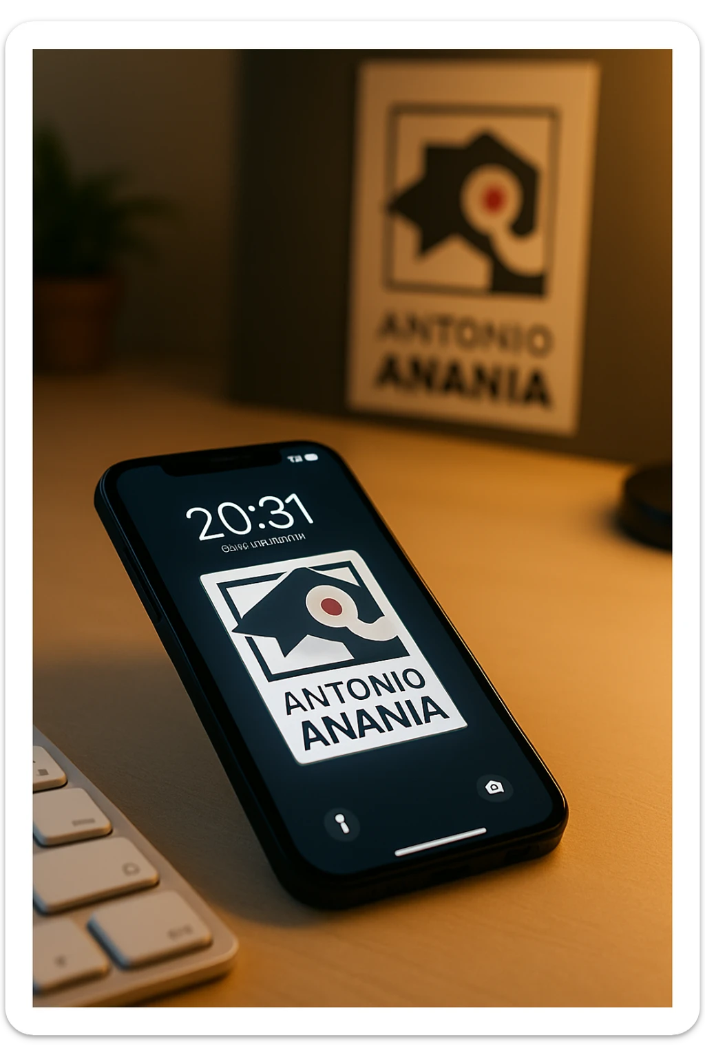 A photo of an iPhone with the message "Antonio Anania" on its screen, The phone sits atop a desk with a blurred background that suggests work environment. A faint glow from above casts gentle shadows across the surface of each object, creating depth and highlighting their textures sticker