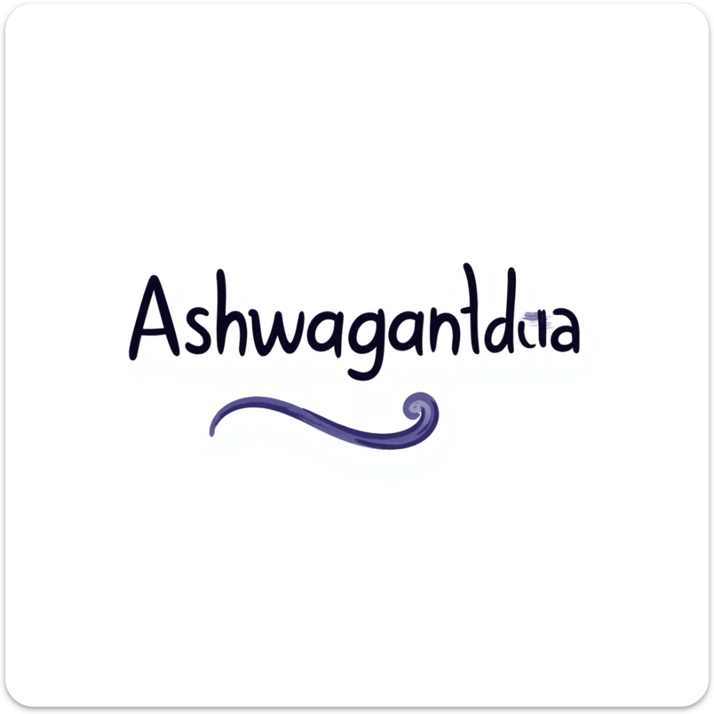 The word "Ashwagandha" hand-drawn in a cool blue and purple color palette. Simple doodle style with minimal decoration. sticker
