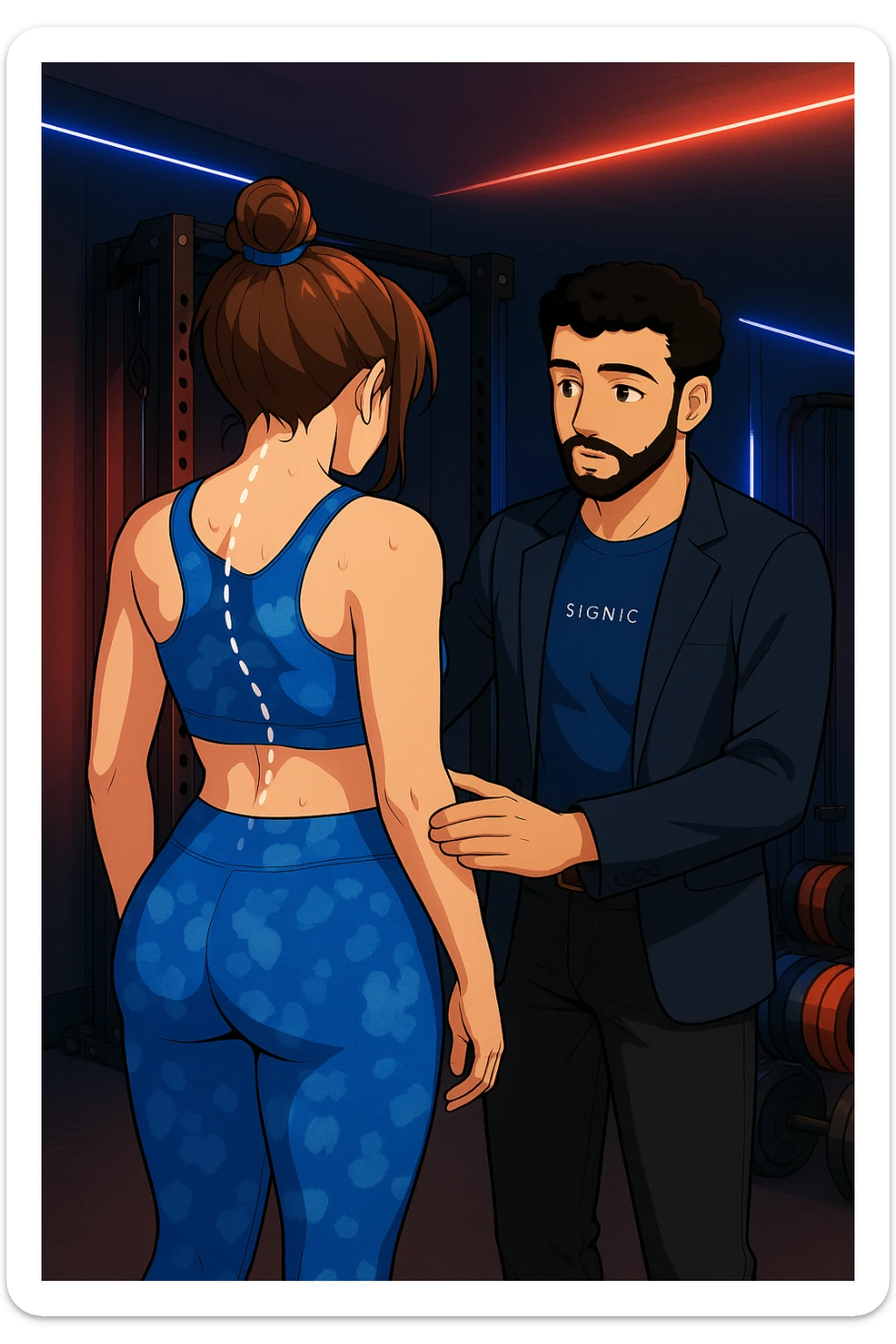 ispirati a questo stile di disegno e fai questa immagine in versione manga/webtoon a colori, il manga mostra la donna di spalle, mentre l'uomo le tocca la spina dorsale per spiegarle come funziona la scoliosi:
Con una scoliosi il baricentro corporeo cade maggiormente da un lato; per non cadere la schiena compensa accumulando tensione sul fianco opposto.
Il risultato? Si inclina e ruota sempre più, fino a che non cede (discopatie, artrosi, ecc) sticker