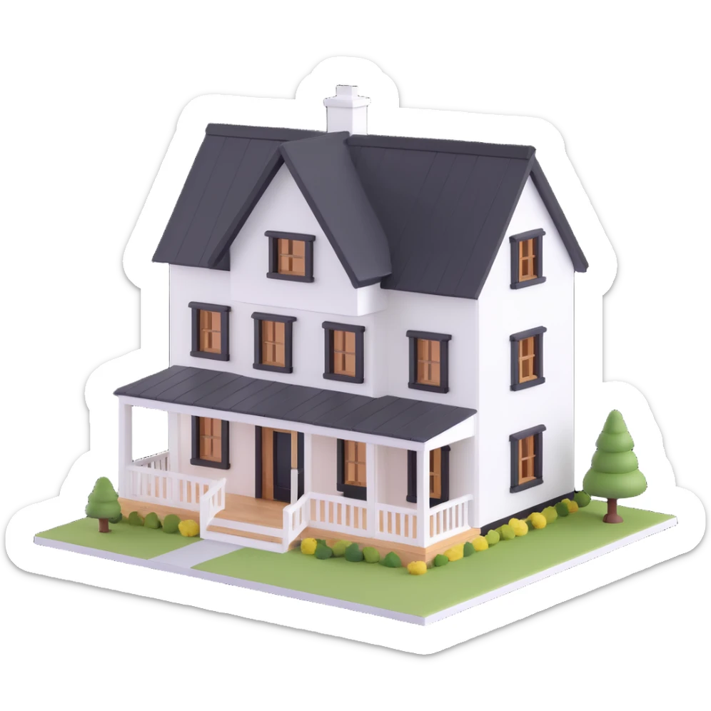 modern farmhouse dollhouse, white with black trim and wooden accents, 3d isometric  sticker
