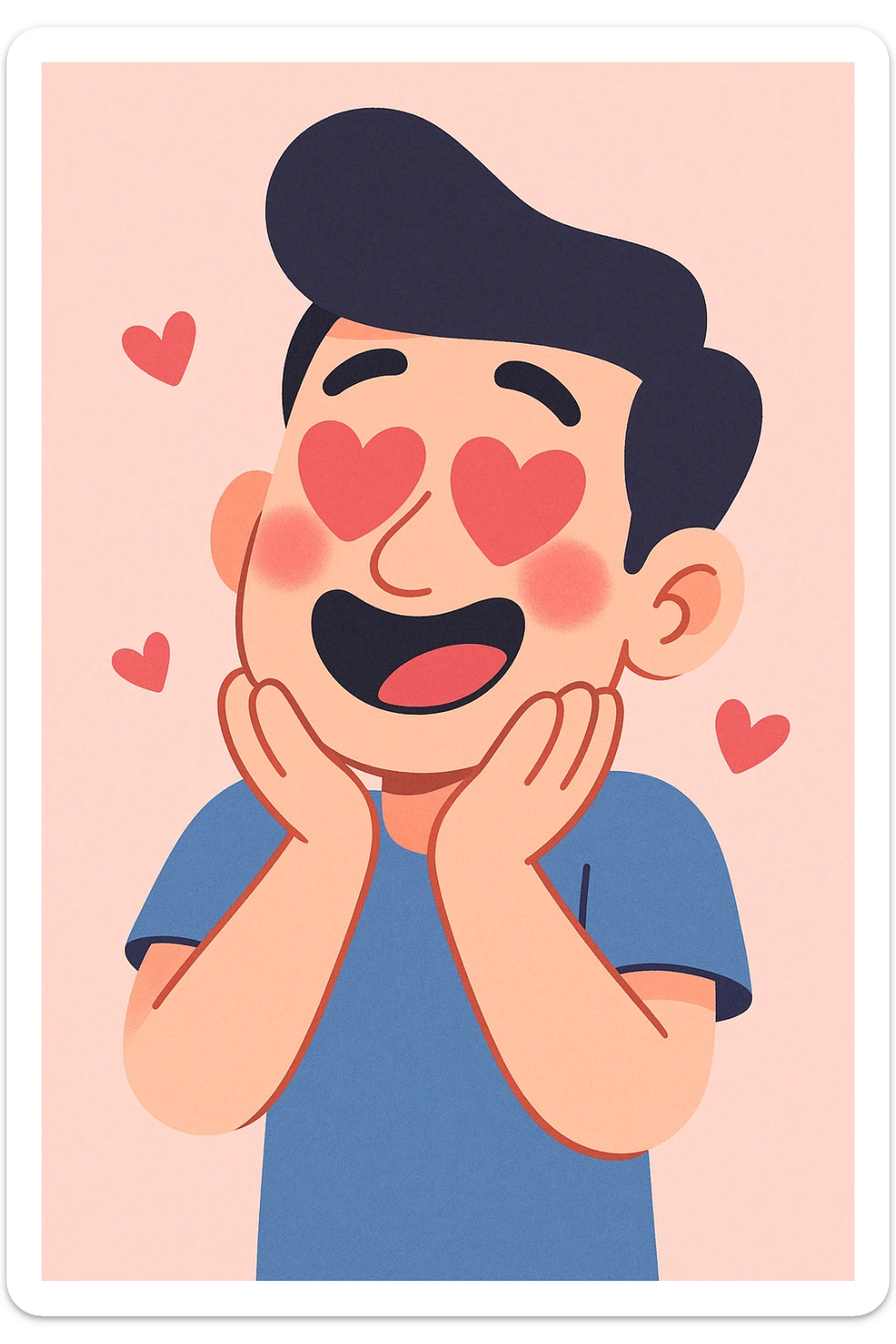 cartoon man with heart eyes, blushing with love, pastel toon style sticker