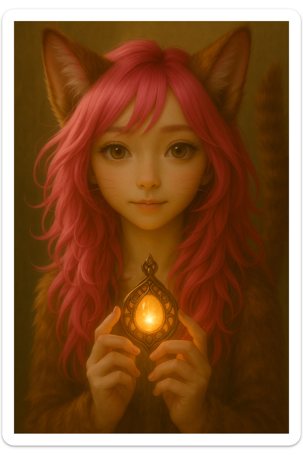 Give the catgirl a magical accessory like a glowing amulet or enchanted staff, while preserving the realistic anime style and pink hair. sticker