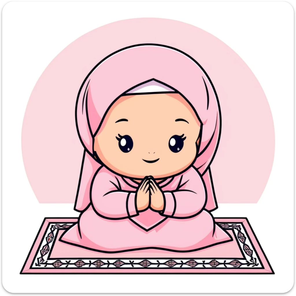 baby Muslim girl wearing pink dress on a light pink prayer rug sticker