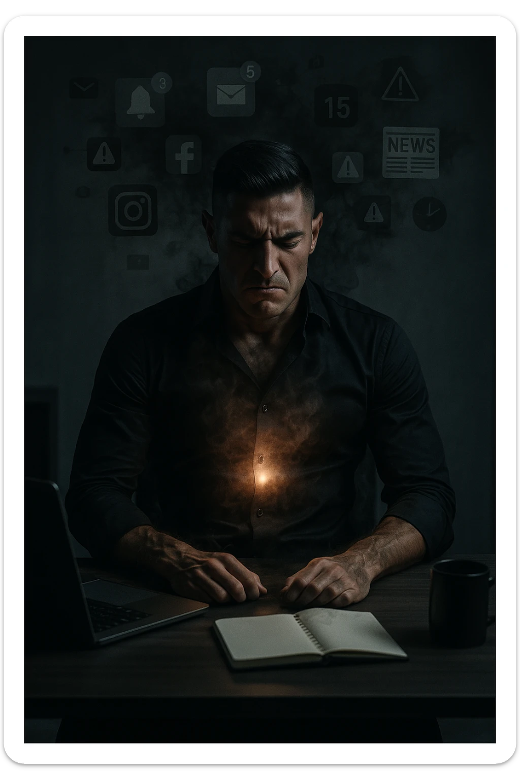 A highly realistic, cinematic image of a young man in his early 30s, sitting at a modern office desk under harsh artificial lighting, shoulders hunched, jaw clenched, and breathing shallowly, symbolizing how modern society forces people to live in a state of chronic tension and restricted breathing. Around him, faint black and grey visual elements represent notifications, deadlines, social media icons, and news alerts, swirling around his head like a chaotic storm, symbolizing societal pressure. His chest appears visually tight and compressed, and faint dark smoke emanates from his body, representing blocked breath and internalized stress. In contrast, a faint glowing light near his chest and abdomen tries to expand, symbolizing the innate desire of the body to breathe freely and deeply. The environment is cold and minimalistic, with a sense of stillness and tension, captured in a hyperrealistic 35mm film style with muted colors, focusing on the man's tense posture and restricted breathing to reflect the unseen burden of modern living. in italiano sticker