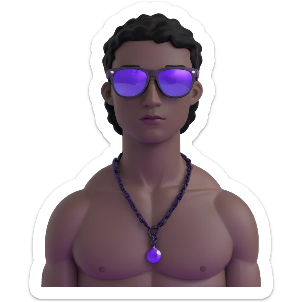 shirtless male athlete with white skin and moderately curly black hair on top with shaved sides, wearing purple sunglasses with very dark heavily tinted black lenses, and a simple plain black chain necklace with absolutely no pendant or decoration sticker