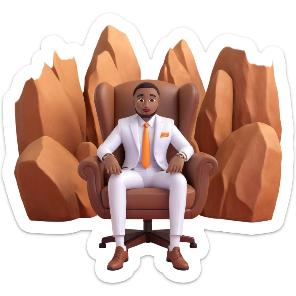 cartoon emoji of Davido sitting in a brown leather chair, wearing a white suit, with a desert background and rocky formations, confident and expressive sticker